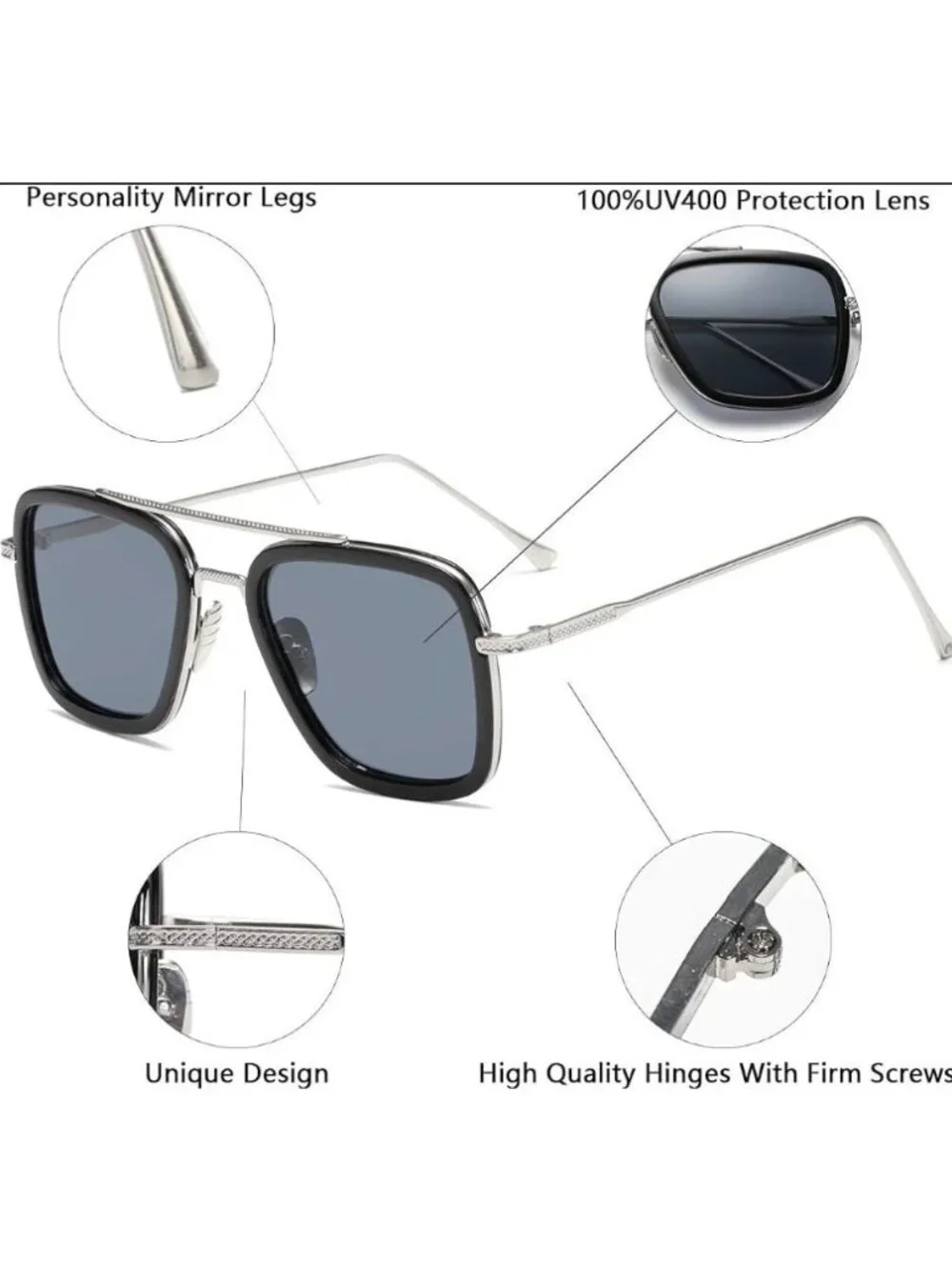 Square Aviator Unisex Sunglasses With Silver Frame And Gradient Black/Grey Lense